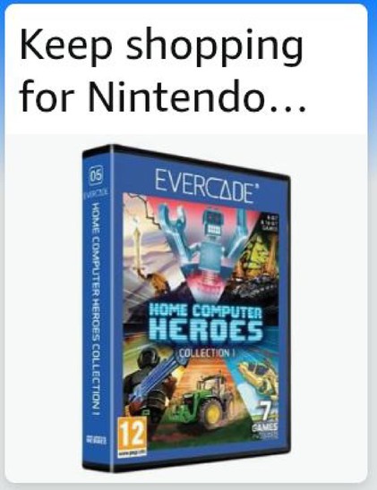 An ad on Amazon saying to keep shopping for Nintendo while showing an Evercade package