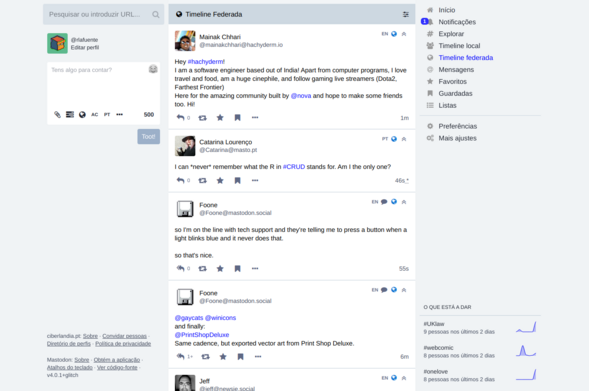 Captura de ecrã do interface web da Ciberlândia, a usar um tema reminiscente do Del.icio.us