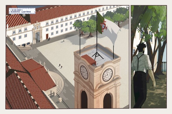 INFO: May 12th, 2807. ACADEMIA - LUSITÂNIA.

2 Panels

Panel 1:
A top view of a plaza, surrounded by white buildings. A man goes accross an ornamented stone gate. On the foreground, there's a clock tower, at the top of which a flag waves in the wind.

Panel 2:
Eurico goes across the plaza and under a row of trees.