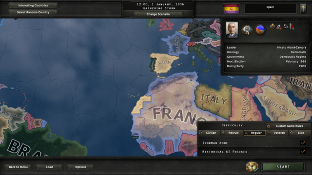 Interface do HoI4: Mapa do Sul da Europa e Norte de África, com Espanha no centro