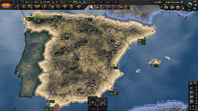 Interface do HoI4: Início do jogo com o mapa de Espanha