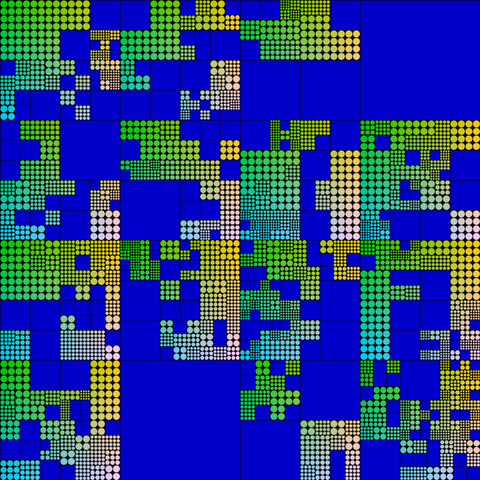a recursive grid made of blue squares and smaller grids of circles, mostly green but with varying colors