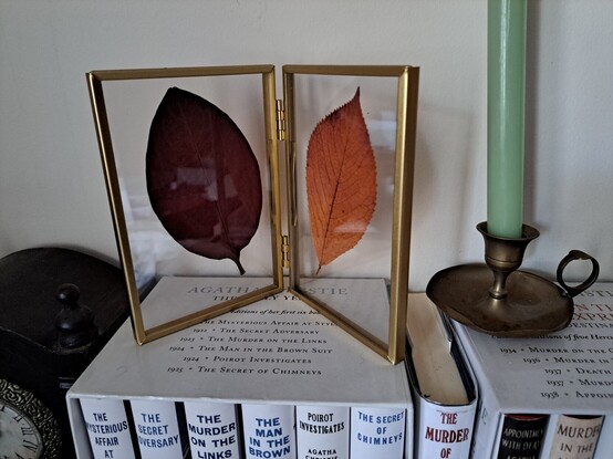 Two leaves in a photograph holder and a candle