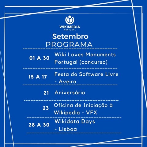 Um poster azul e branco com o programa da Wikimedia Portugal para setembro