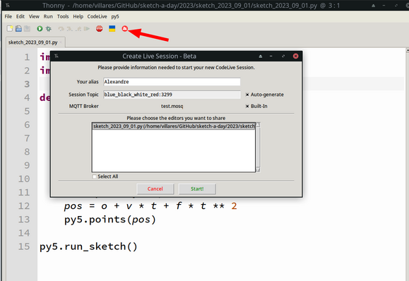 screenshot of Thonny IDE with a red arrow pointing to the plug-in button on the toolbar and a "Create Live Session - Beta" dialog open. 