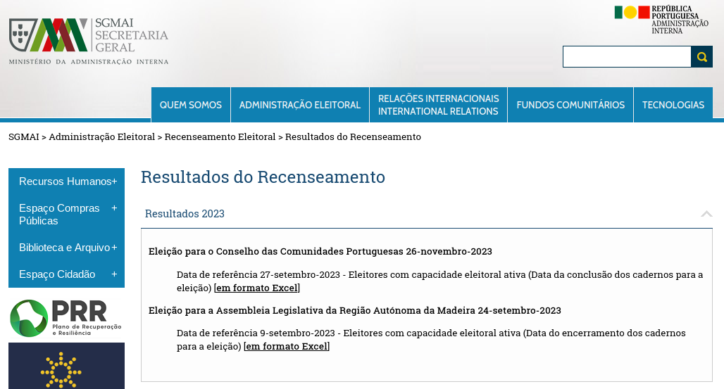 screenshot do site do MAI onde se vê os resultados de 2023 disponívels, mas só em XLSX