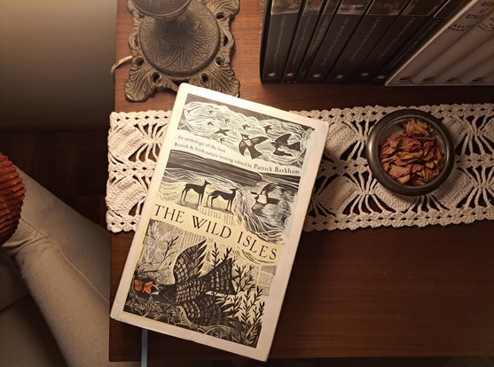 The book The Wild Isles over a wood table with a crochet doily, part of a table lamp, some spines of books and a small plate with dried roses' petals