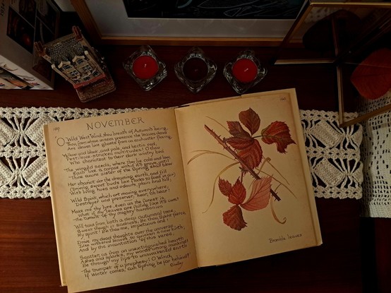 An open book over a table and dinner red candles