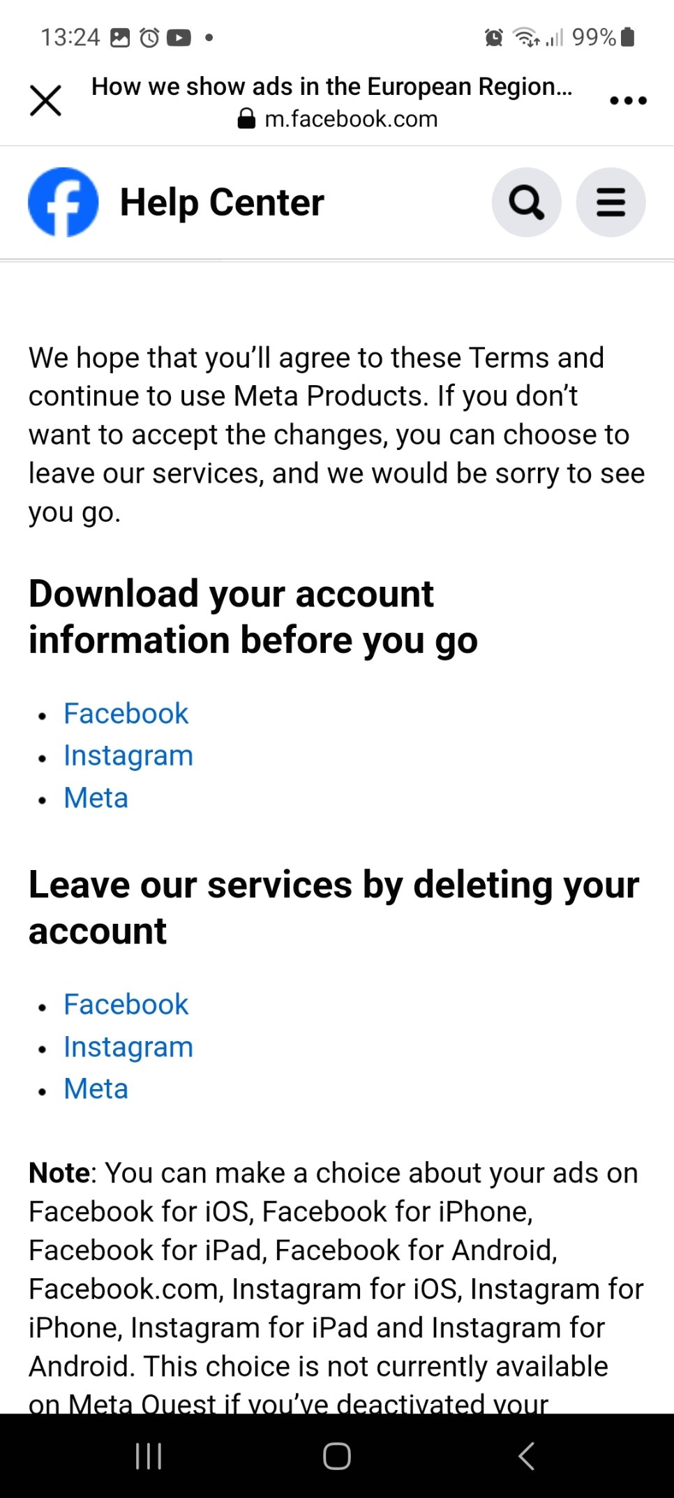 Screenshot explaining that if you don't want to sign the new terms you need to bye-bye, but you can get your data first.