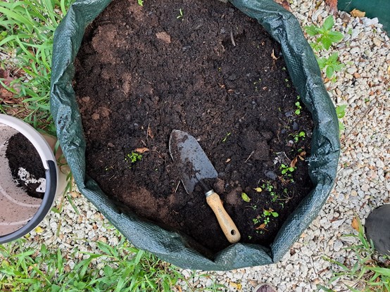 A planting bag with a garden trowel
