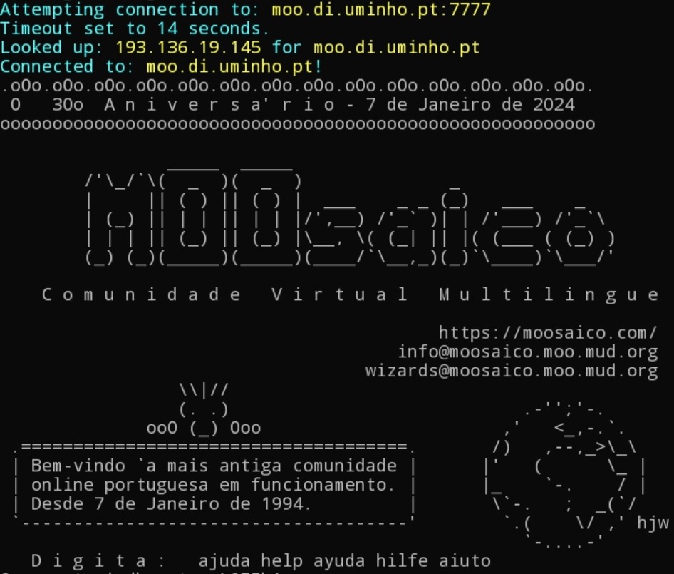 Login screen do MOOsaico, incluindo o endereço e a informação de que hoje é o 30º aniversário