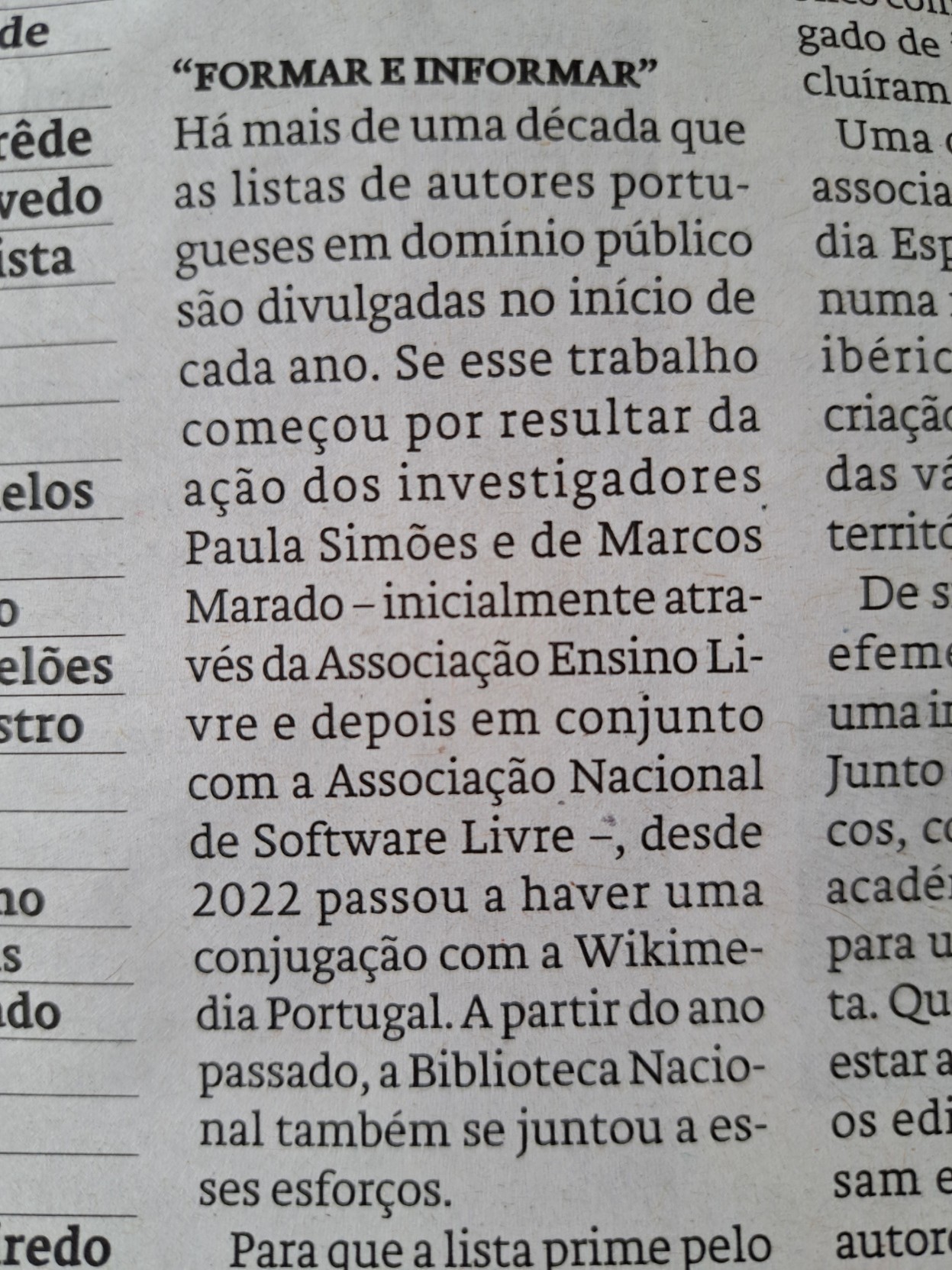 Foto com excerto de artigo na secção de Cultura do JN de hoje, 5 de fevereiro de 2024, sobre domínio público