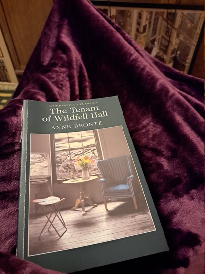 The Wordsworth edition of the book "The Tenant of Wildfell Hall" by Anne Brontë over a purple blanket