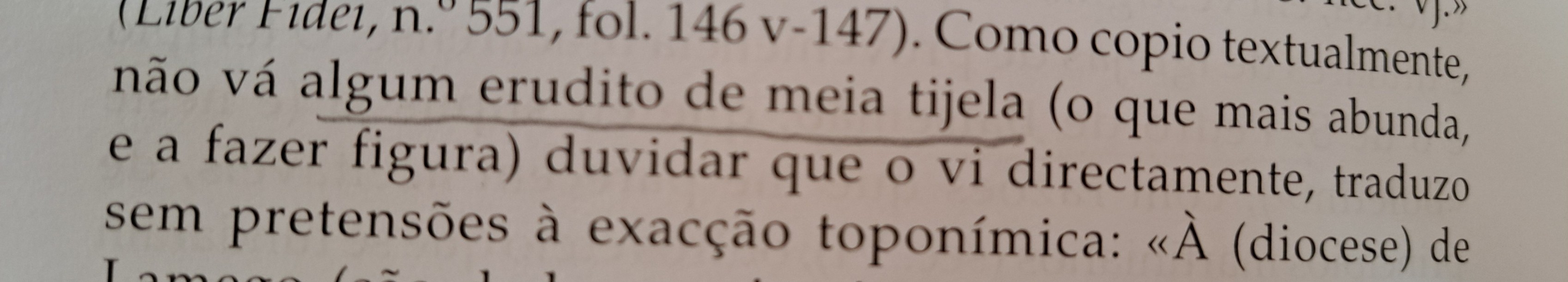 Num livro de História, o autor decide citar em vez de dizer, para evitar críticas de "algum erudito de meia tijela".
