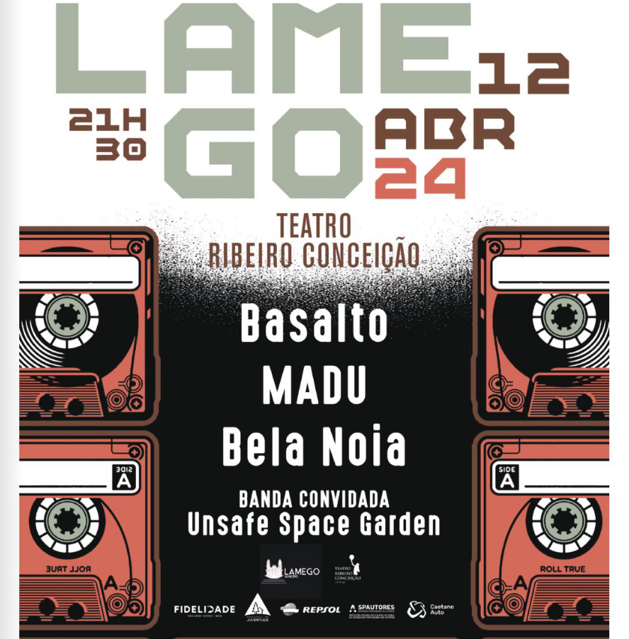 Cartaz do "Festival Termómetro" em Lamego, dia 12 de Abril de 2024 às 21h30 no Teatro Ribeiro Conceição.  Lineup: Basalto MADU Bela Noia Unsafe Space Garden