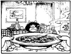 Mafalda triste ao ver um prato de sopa a aproximar-se