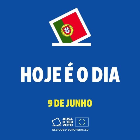 Imagem a dizer que hoje é o dia de ir votar, com a bandeira portuguesa e fundo azul