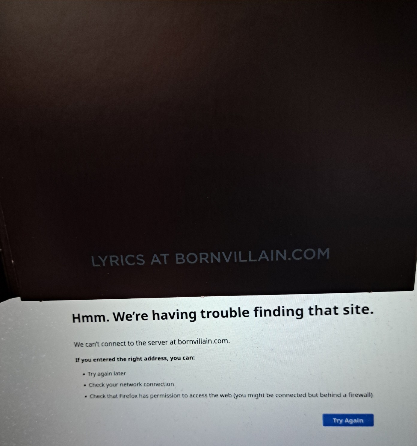 A photo of the inside of the BV CD, in front of a computer screen.  The CD says "lyrics at bornvillain.com", the computer screen points out that the website no longer exists.