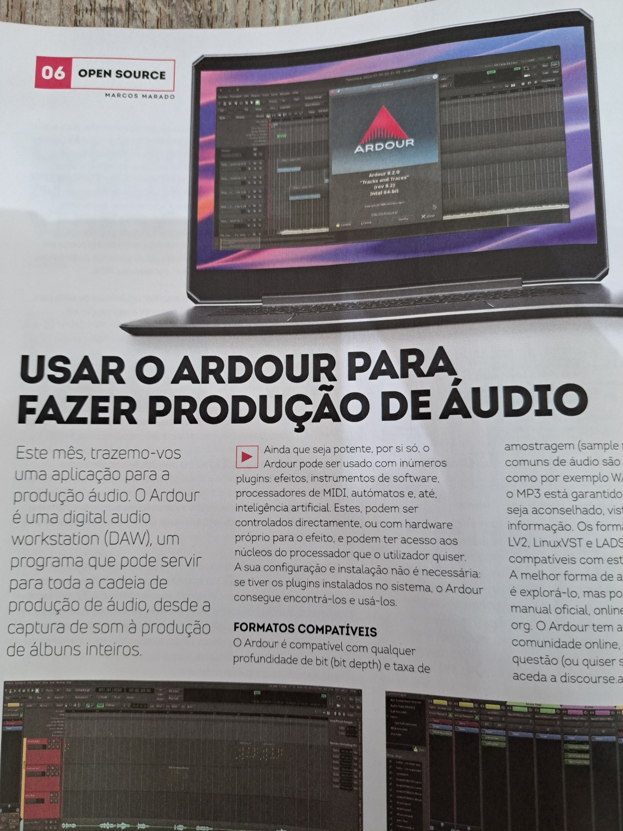 Uma foto da "secção Open Source" da PCGuia de Julho de 2024, mostrando parcialmente o artigo "Usar o Ardour para fazer produção de Áudio"
