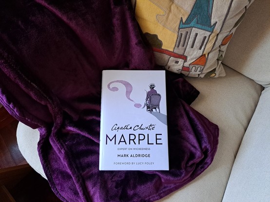 The book, white and lilac, over a lilac blanket with a embroidered pillow showing buildings in Tallinn.