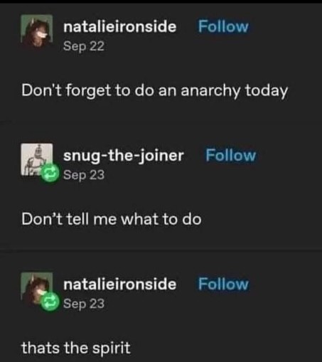 Screenshot de uma rede social (Bluesky? Tumblr?) com uma troca entre duas pessoas, Natalieironside e snug-the-joiner:

Natalie: don't forget to do an anarchy today
Snug: don't tell me what to do
Natalie: that's the spirit