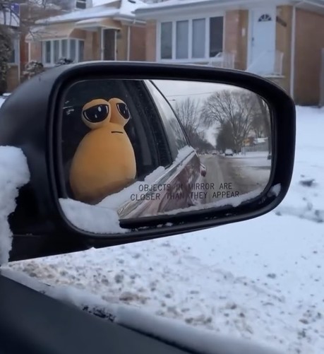 Sad poo plushie in the rearview mirror