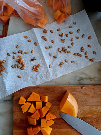 A table with a cutted pumpkin, some on bags, and with seeds in white paper 