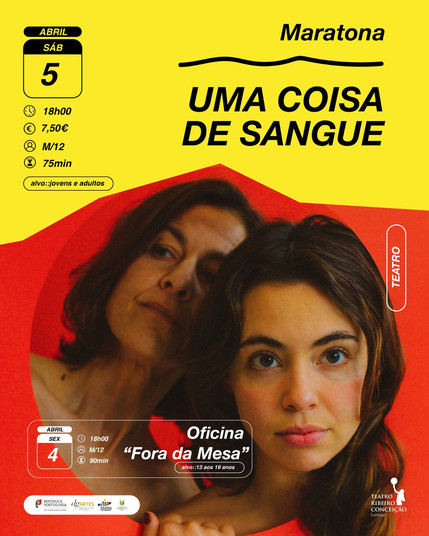 Cartaz do evento, com informação de que é a 5 de Abril às 18h, preço do bilhete 7.50€, duração 75 minutos, para maiores de 12 anos.