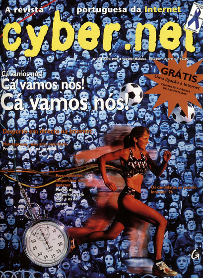 Capa da revista Cyber.net.
Fundo azulado com fotografias de uma multidão de caras.
Em primeiro plano vê-se uma atleta a tão rápido que deixa um rasto atrás dela.
Vêem-se também uns fios eléctricos coloridos que saem das costas dela e vão até à margem esquerda da capa.