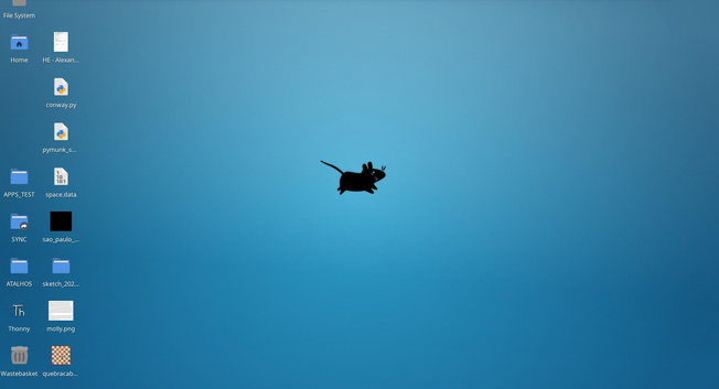 screen capture of my desktop, with the blue XFCE wallpaper, icons of some documents and folders on the left, and a small black XFCE mouse logo at the center.