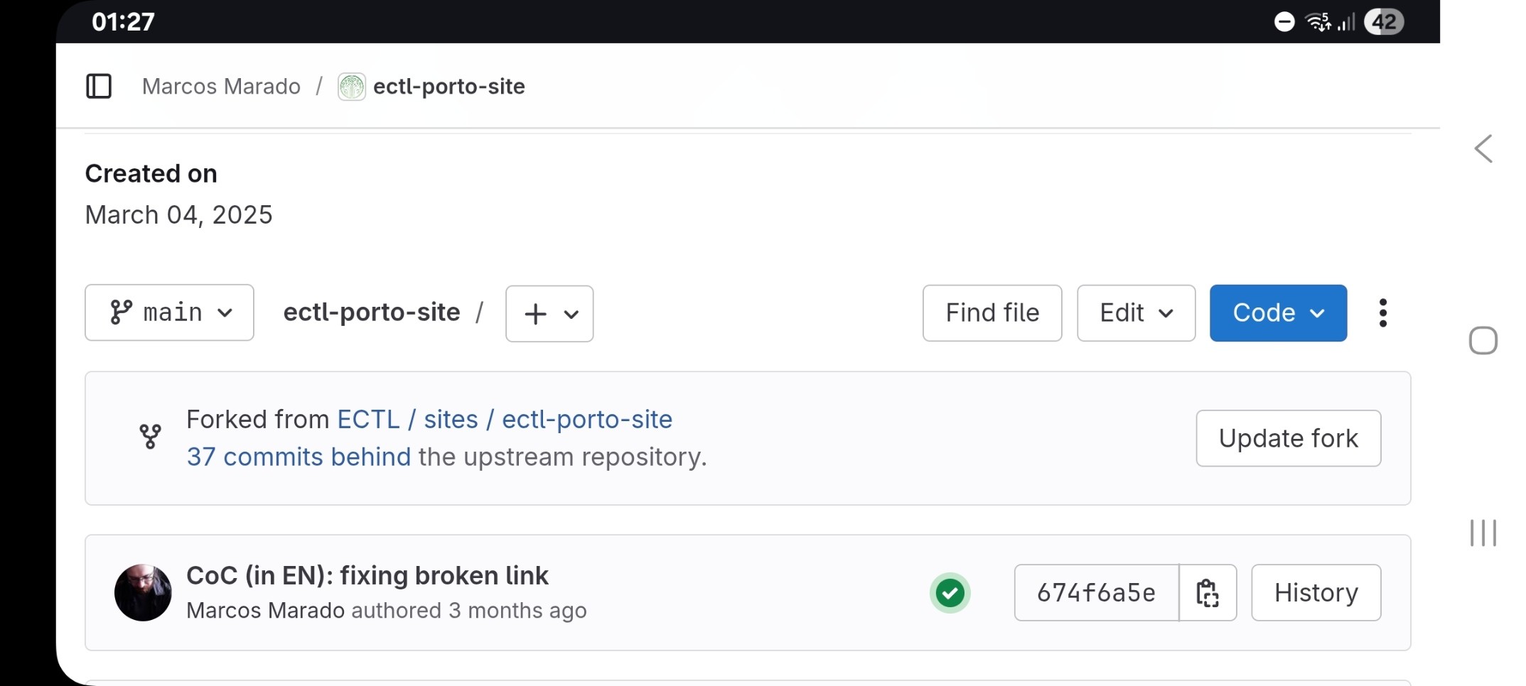 gitlab interface in landscape, an &ldquo;update fork&rdquo; button exists on the right side