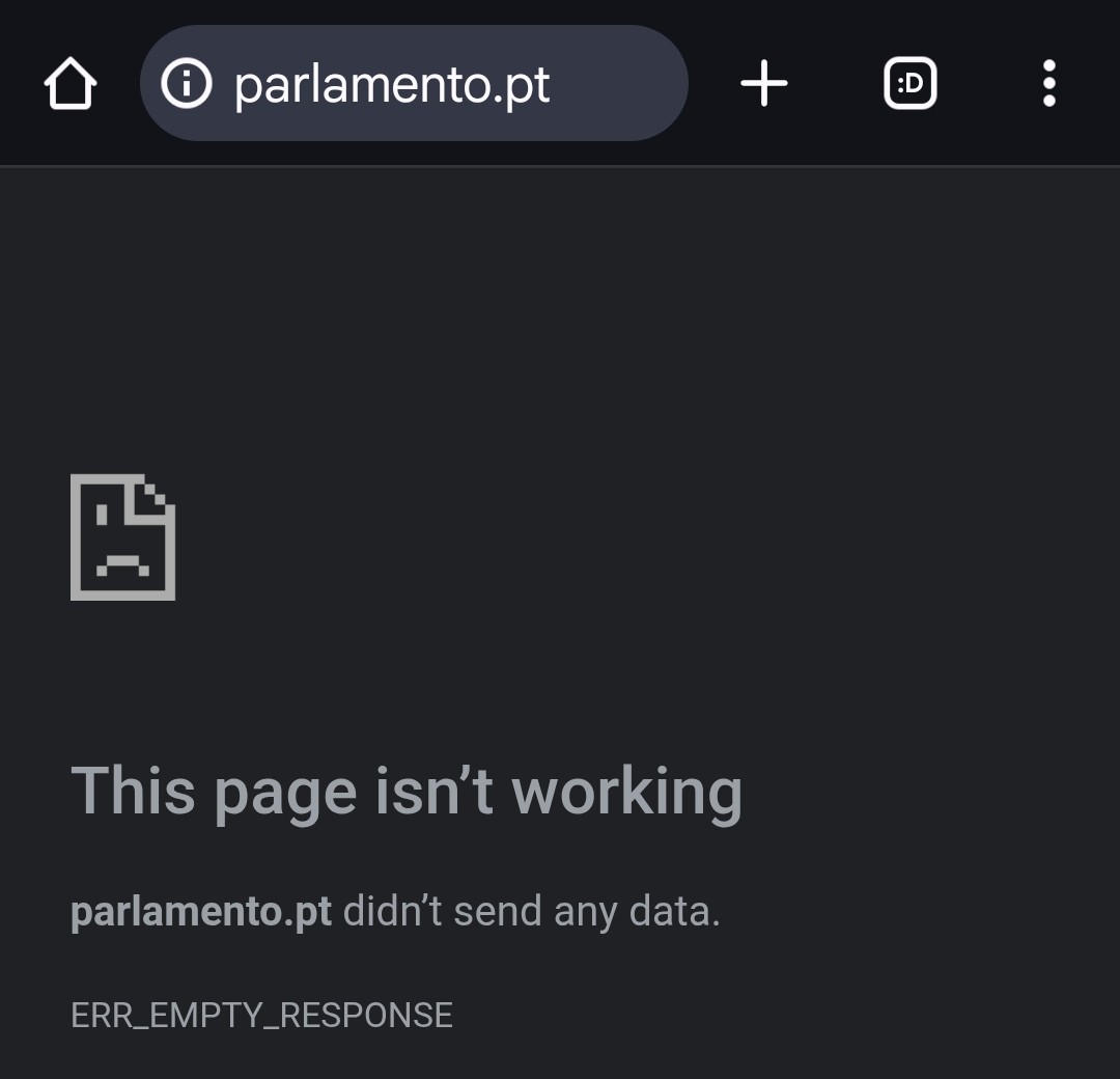 Captura de ecrã a um navegador web a tentar visitar parlamento.pt e a falhar com ERR_EMPY_RESPONSE.
