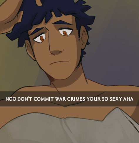 Steffano taking a selfie but he's sad and probably not wearing anything (we only see from the shoulders up). The text over the selfie says "noo don't commit war crimes your so sexy aha"