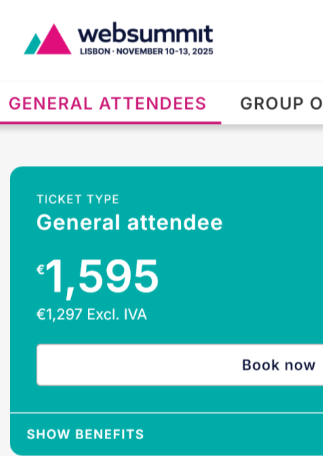 websummit tickets for general attendee, price EUR 1595, or EUR 1297 excl. IVA (VAT)