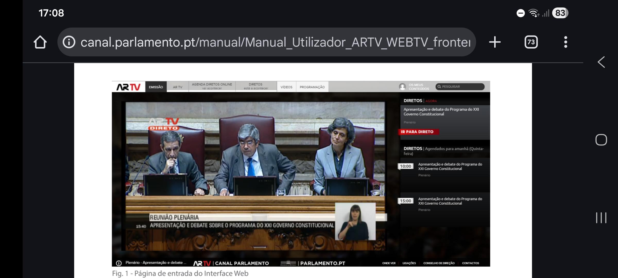 Como se vê o site do canal parlamento na web, segundo o manual