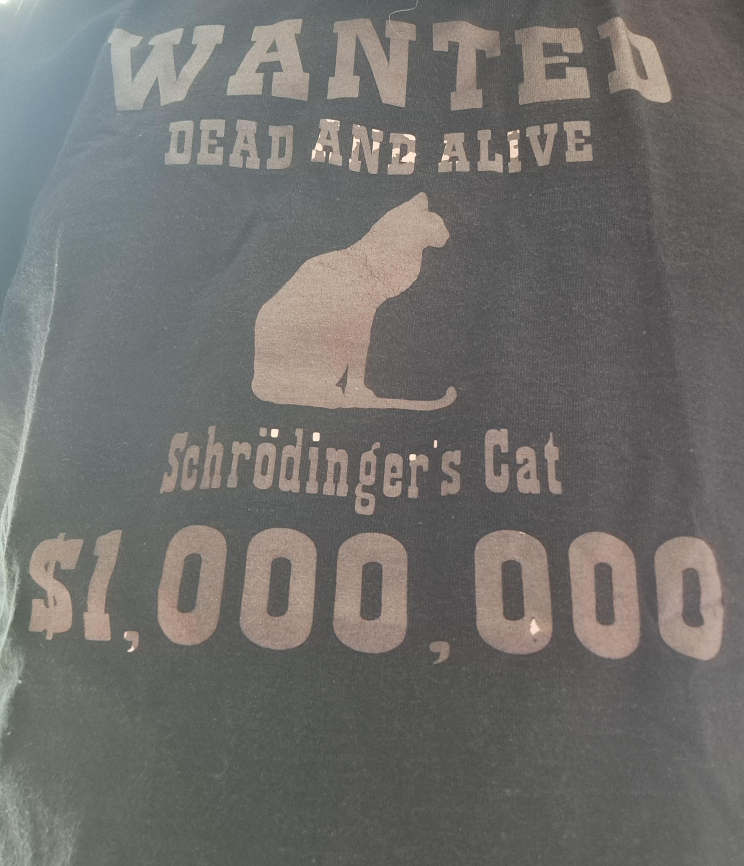 A black t-shirt with supposedly white text, saying "wanted, dead and alive, Schrödinger's Cat, $1,000,000". I say supposedly because the white ink in the t-shirt was mostly shed, leaving only the "glue gray" under it. In a way, the t-shirt's message is dead and alive.