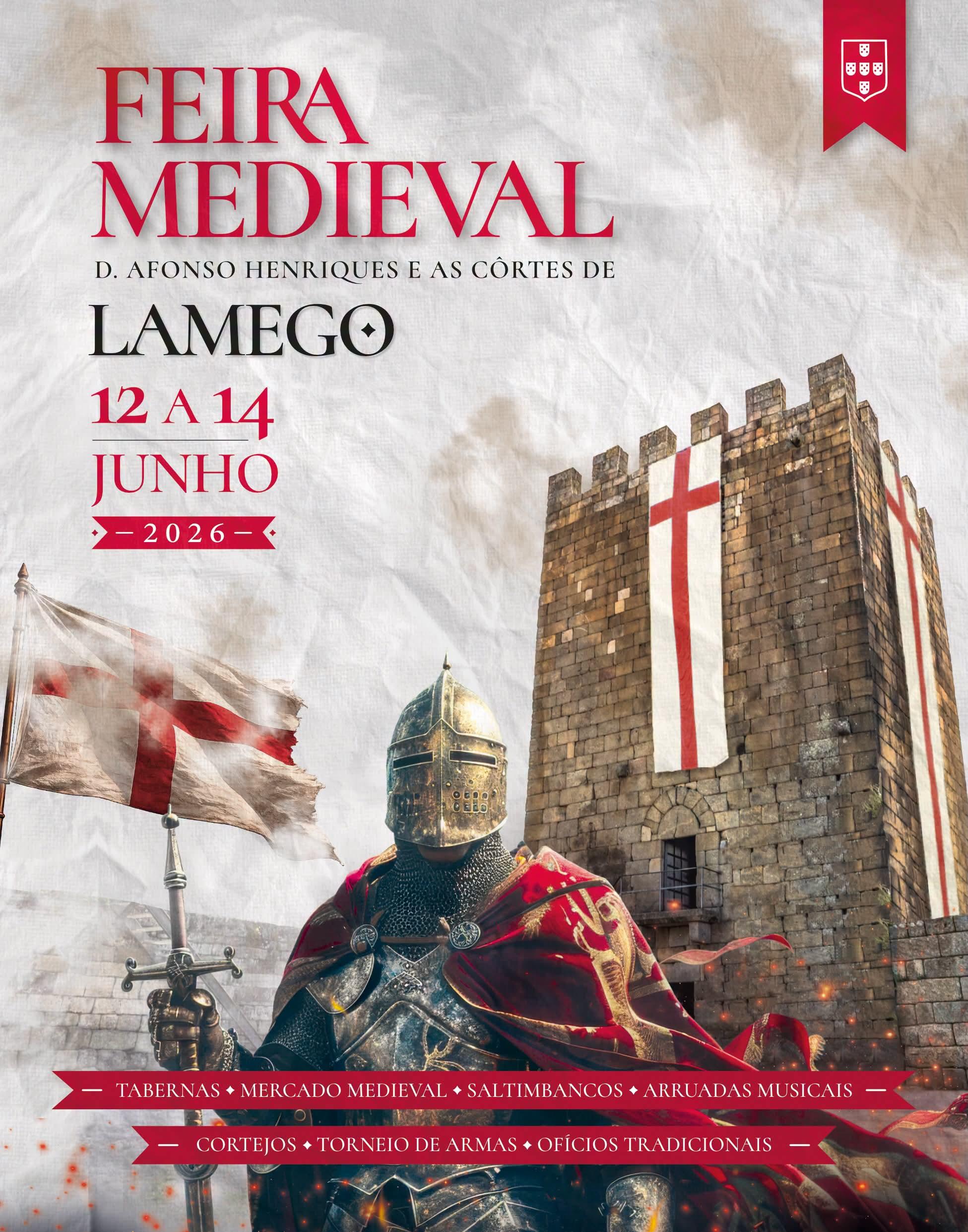 O poster da feira medieval de Lamego 2026, 12 a 14 de Junho.