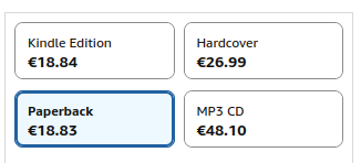 Four different prices for a book: digital edition 18.84, hardcover €26.99, paperback €18.83, audiobook CD €48.10. Notice how the digital edition manages to be more expensive than the paperback.