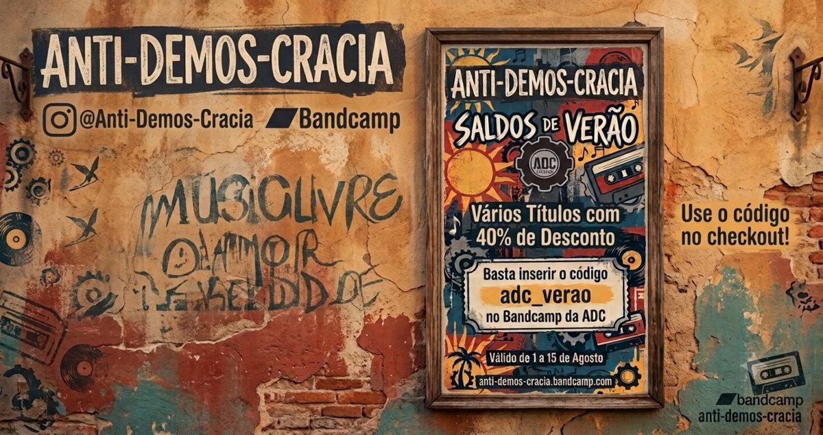 ANTI-DEMOS-CRACIA Saldos de Verão Vários títulos com 40% de desconto Basta inserir o código adc_verao no bandcamp da ADC Válido de 1 a 15 de agosto Use o código no checkout!