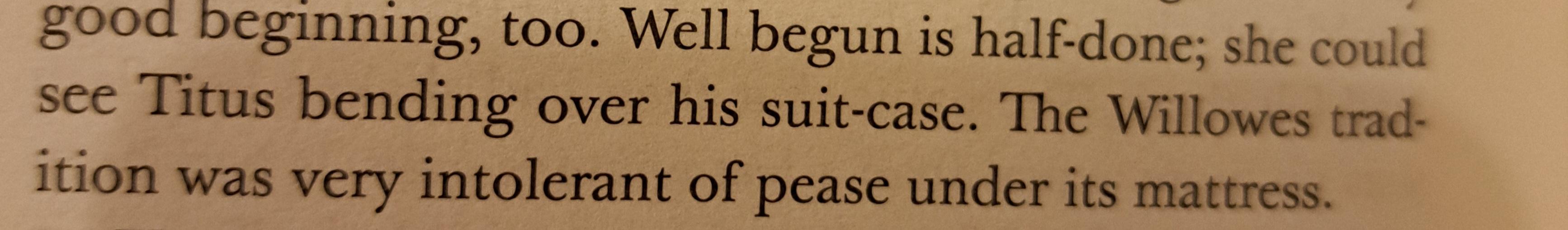 "Well begun is half-done; she could see Titus bending over his suitcase. The Willowes tradition was very intolerant of pease under its mattress." (The typo is that it should have been peas, not pease.)